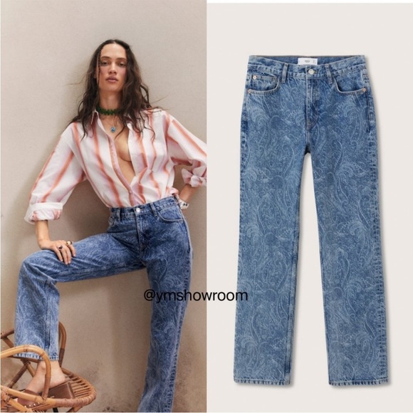 NWT MANGO Medium Blue Paisley Mid-rise straight leg jeans 1 MNG sustainable - Picture 7 of 13